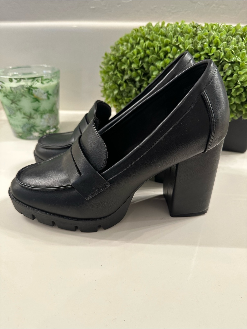 Bamboo Black Leatherette Penny Loafers for Women